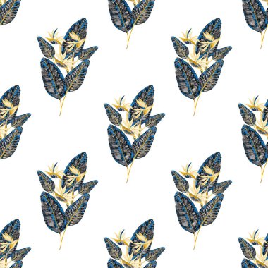 Tekstil tasarımı için suluboya tropikal yaprakları ve çiçekleri olan modern, soyut, dikişsiz desen. Geçmişe dönük parlak yaz geçmişi. Orman yaprakları çizimi. Mayo botanik tasarımı. Antika egzotik baskı.