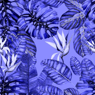 Tekstil tasarımı için suluboya tropikal yaprakları ve çiçekleri olan modern, soyut, dikişsiz desen. Geçmişe dönük parlak yaz geçmişi. Orman yaprakları çizimi. Mayo botanik tasarımı. Antika egzotik baskı.