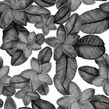 Tekstil tasarımı için suluboya tropikal yaprakları ve çiçekleri olan modern, soyut, dikişsiz desen. Geçmişe dönük parlak yaz geçmişi. Orman yaprakları çizimi. Mayo botanik tasarımı. Antika egzotik baskı.