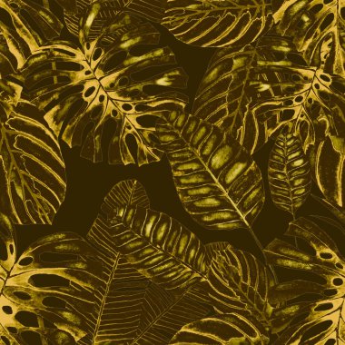 Tekstil tasarımı için suluboya tropikal yaprakları ve çiçekleri olan modern, soyut, dikişsiz desen. Geçmişe dönük parlak yaz geçmişi. Orman yaprakları çizimi. Mayo botanik tasarımı. Antika egzotik baskı.