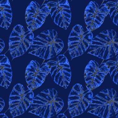 Tekstil tasarımı için suluboya tropikal yaprakları ve çiçekleri olan modern, soyut, dikişsiz desen. Geçmişe dönük parlak yaz geçmişi. Orman yaprakları çizimi. Mayo botanik tasarımı. Antika egzotik baskı.