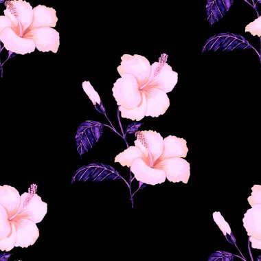 Tekstil tasarımı için suluboya tropikal yaprakları ve çiçekleri olan modern, soyut, dikişsiz desen. Geçmişe dönük parlak yaz geçmişi. Orman yaprakları çizimi. Mayo botanik tasarımı. Antika egzotik baskı.