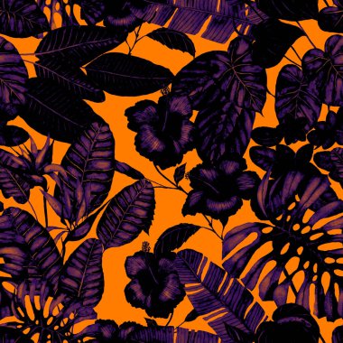 Tekstil tasarımı için suluboya tropikal yaprakları ve çiçekleri olan modern, soyut, dikişsiz desen. Geçmişe dönük parlak yaz geçmişi. Orman yaprakları çizimi. Mayo botanik tasarımı. Antika egzotik baskı.