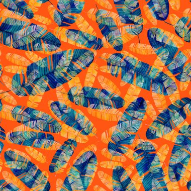 Tekstil tasarımı için suluboya tropikal yaprakları ve çiçekleri olan modern, soyut, dikişsiz desen. Geçmişe dönük parlak yaz geçmişi. Orman yaprakları çizimi. Mayo botanik tasarımı. Antika egzotik baskı.