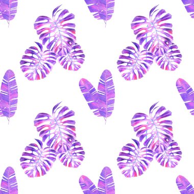 Tekstil tasarımı için suluboya tropikal yaprakları ve çiçekleri olan modern, soyut, dikişsiz desen. Geçmişe dönük parlak yaz geçmişi. Orman yaprakları çizimi. Mayo botanik tasarımı. Antika egzotik baskı.