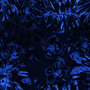 Tekstil tasarımı için suluboya tropikal yaprakları ve çiçekleri olan modern, soyut, dikişsiz desen. Geçmişe dönük parlak yaz geçmişi. Orman yaprakları çizimi. Mayo botanik tasarımı. Antika egzotik baskı.