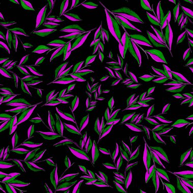 Tekstil tasarımı için suluboya tropikal yaprakları ve çiçekleri olan modern, soyut, dikişsiz desen. Geçmişe dönük parlak yaz geçmişi. Orman yaprakları çizimi. Mayo botanik tasarımı. Antika egzotik baskı.