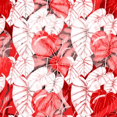 Tekstil tasarımı için suluboya tropikal yaprakları ve çiçekleri olan modern, soyut, dikişsiz desen. Geçmişe dönük parlak yaz geçmişi. Orman yaprakları çizimi. Mayo botanik tasarımı. Antika egzotik baskı.