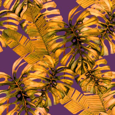 Tekstil tasarımı için suluboya tropikal yaprakları ve çiçekleri olan modern, soyut, dikişsiz desen. Geçmişe dönük parlak yaz geçmişi. Orman yaprakları çizimi. Mayo botanik tasarımı. Antika egzotik baskı.