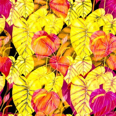 Tekstil tasarımı için suluboya tropikal yaprakları ve çiçekleri olan modern, soyut, dikişsiz desen. Geçmişe dönük parlak yaz geçmişi. Orman yaprakları çizimi. Mayo botanik tasarımı. Antika egzotik baskı.