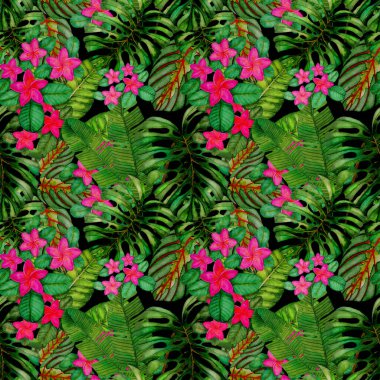 Tekstil tasarımı için suluboya tropikal yaprakları ve çiçekleri olan modern, soyut, dikişsiz desen. Geçmişe dönük parlak yaz geçmişi. Orman yaprakları çizimi. Mayo botanik tasarımı. Antika egzotik baskı.