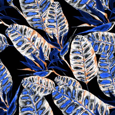 Tekstil tasarımı için suluboya tropikal yaprakları ve çiçekleri olan modern, soyut, dikişsiz desen. Geçmişe dönük parlak yaz geçmişi. Orman yaprakları çizimi. Mayo botanik tasarımı. Antika egzotik baskı.