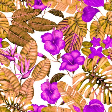 Tekstil tasarımı için suluboya tropikal yaprakları ve çiçekleri olan modern, soyut, dikişsiz desen. Geçmişe dönük parlak yaz geçmişi. Orman yaprakları çizimi. Mayo botanik tasarımı. Antika egzotik baskı.