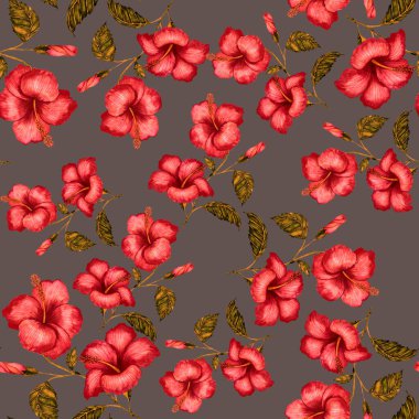 Tekstil tasarımı için suluboya tropikal yaprakları ve çiçekleri olan modern, soyut, dikişsiz desen. Geçmişe dönük parlak yaz geçmişi. Orman yaprakları çizimi. Mayo botanik tasarımı. Antika egzotik baskı.