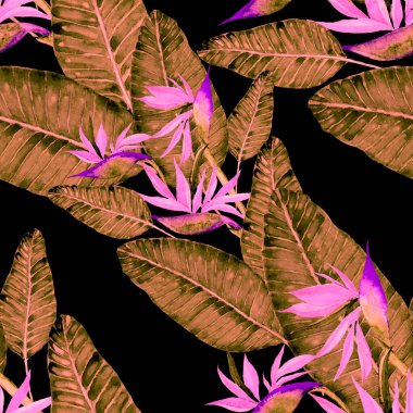 Tekstil tasarımı için suluboya tropikal yaprakları ve çiçekleri olan modern, soyut, dikişsiz desen. Geçmişe dönük parlak yaz geçmişi. Orman yaprakları çizimi. Mayo botanik tasarımı. Antika egzotik baskı.