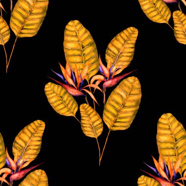 Tekstil tasarımı için suluboya tropikal yaprakları ve çiçekleri olan modern, soyut, dikişsiz desen. Geçmişe dönük parlak yaz geçmişi. Orman yaprakları çizimi. Mayo botanik tasarımı. Antika egzotik baskı.