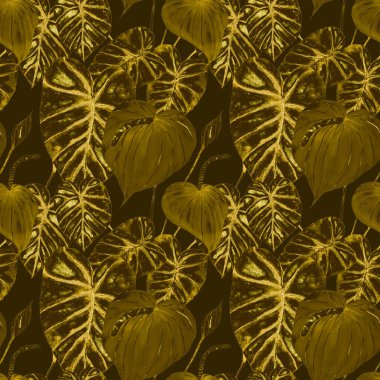 Tekstil tasarımı için suluboya tropikal yaprakları ve çiçekleri olan modern, soyut, dikişsiz desen. Geçmişe dönük parlak yaz geçmişi. Orman yaprakları çizimi. Mayo botanik tasarımı. Antika egzotik baskı.