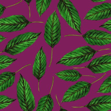 Tekstil tasarımı için suluboya tropikal yaprakları ve çiçekleri olan modern, soyut, dikişsiz desen. Geçmişe dönük parlak yaz geçmişi. Orman yaprakları çizimi. Mayo botanik tasarımı. Antika egzotik baskı.