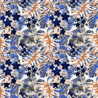 Tekstil tasarımı için suluboya tropikal yaprakları ve çiçekleri olan modern, soyut, dikişsiz desen. Geçmişe dönük parlak yaz geçmişi. Orman yaprakları çizimi. Mayo botanik tasarımı. Antika egzotik baskı.