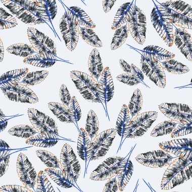 Tekstil tasarımı için suluboya tropikal yaprakları ve çiçekleri olan modern, soyut, dikişsiz desen. Geçmişe dönük parlak yaz geçmişi. Orman yaprakları çizimi. Mayo botanik tasarımı. Antika egzotik baskı.