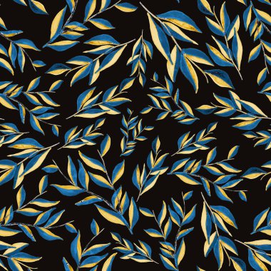 Tekstil tasarımı için suluboya tropikal yaprakları ve çiçekleri olan modern, soyut, dikişsiz desen. Geçmişe dönük parlak yaz geçmişi. Orman yaprakları çizimi. Mayo botanik tasarımı. Antika egzotik baskı.