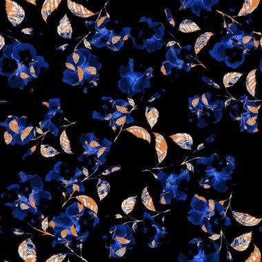 Tekstil tasarımı için suluboya tropikal yaprakları ve çiçekleri olan modern, soyut, dikişsiz desen. Geçmişe dönük parlak yaz geçmişi. Orman yaprakları çizimi. Mayo botanik tasarımı. Antika egzotik baskı.