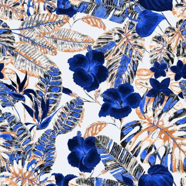 Tekstil tasarımı için suluboya tropikal yaprakları ve çiçekleri olan modern, soyut, dikişsiz desen. Geçmişe dönük parlak yaz geçmişi. Orman yaprakları çizimi. Mayo botanik tasarımı. Antika egzotik baskı.