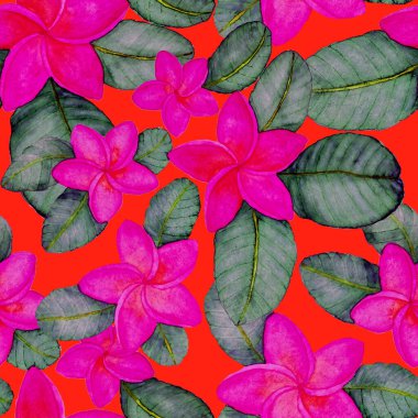 Tekstil tasarımı için suluboya tropikal yaprakları ve çiçekleri olan modern, soyut, dikişsiz desen. Geçmişe dönük parlak yaz geçmişi. Orman yaprakları çizimi. Mayo botanik tasarımı. Antika egzotik baskı.