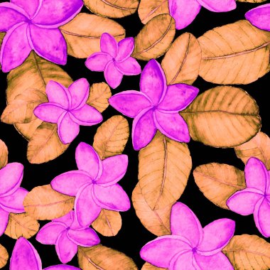 Tekstil tasarımı için suluboya tropikal yaprakları ve çiçekleri olan modern, soyut, dikişsiz desen. Geçmişe dönük parlak yaz geçmişi. Orman yaprakları çizimi. Mayo botanik tasarımı. Antika egzotik baskı.