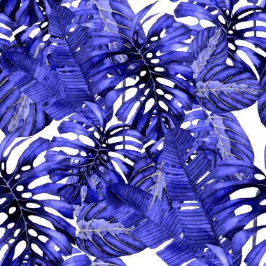 Tekstil tasarımı için suluboya tropikal yaprakları ve çiçekleri olan modern, soyut, dikişsiz desen. Geçmişe dönük parlak yaz geçmişi. Orman yaprakları çizimi. Mayo botanik tasarımı. Antika egzotik baskı.