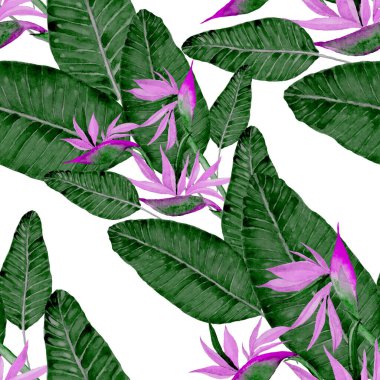 Tekstil tasarımı için suluboya tropikal yaprakları ve çiçekleri olan modern, soyut, dikişsiz desen. Geçmişe dönük parlak yaz geçmişi. Orman yaprakları çizimi. Mayo botanik tasarımı. Antika egzotik baskı.