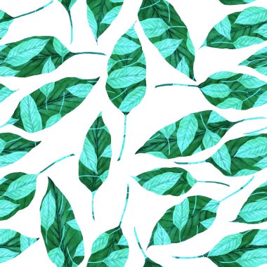 Tekstil tasarımı için suluboya tropikal yaprakları ve çiçekleri olan modern, soyut, dikişsiz desen. Geçmişe dönük parlak yaz geçmişi. Orman yaprakları çizimi. Mayo botanik tasarımı. Antika egzotik baskı.