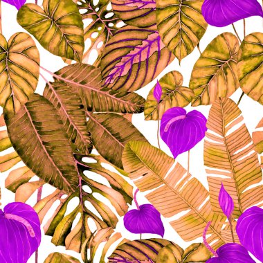 Tekstil tasarımı için suluboya tropikal yaprakları ve çiçekleri olan modern, soyut, dikişsiz desen. Geçmişe dönük parlak yaz geçmişi. Orman yaprakları çizimi. Mayo botanik tasarımı. Antika egzotik baskı.