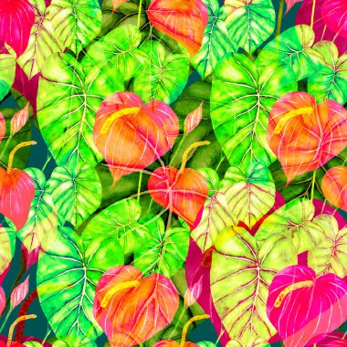 Tekstil tasarımı için suluboya tropikal yaprakları ve çiçekleri olan modern, soyut, dikişsiz desen. Geçmişe dönük parlak yaz geçmişi. Orman yaprakları çizimi. Mayo botanik tasarımı. Antika egzotik baskı.