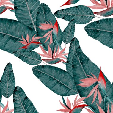 Tekstil tasarımı için suluboya tropikal yaprakları ve çiçekleri olan modern, soyut, dikişsiz desen. Geçmişe dönük parlak yaz geçmişi. Orman yaprakları çizimi. Mayo botanik tasarımı. Antika egzotik baskı.