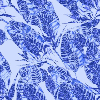 Tekstil tasarımı için suluboya tropikal yaprakları ve çiçekleri olan modern, soyut, dikişsiz desen. Geçmişe dönük parlak yaz geçmişi. Orman yaprakları çizimi. Mayo botanik tasarımı. Antika egzotik baskı.
