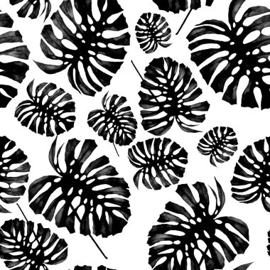 Tekstil tasarımı için suluboya tropikal yaprakları ve çiçekleri olan modern, soyut, dikişsiz desen. Geçmişe dönük parlak yaz geçmişi. Orman yaprakları çizimi. Mayo botanik tasarımı. Antika egzotik baskı.