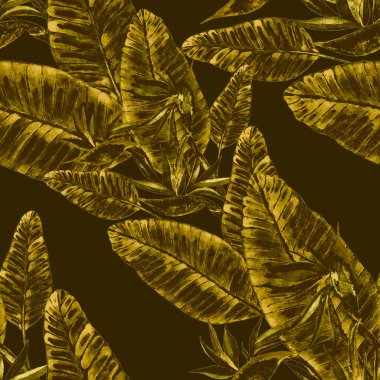 Tekstil tasarımı için suluboya tropikal yaprakları ve çiçekleri olan modern, soyut, dikişsiz desen. Geçmişe dönük parlak yaz geçmişi. Orman yaprakları çizimi. Mayo botanik tasarımı. Antika egzotik baskı.