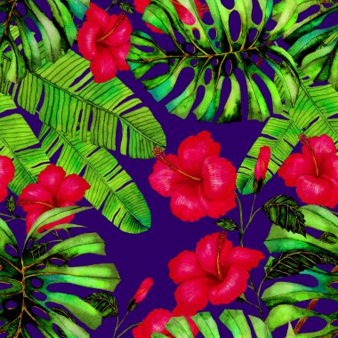 Tekstil tasarımı için suluboya tropikal yaprakları ve çiçekleri olan modern, soyut, dikişsiz desen. Geçmişe dönük parlak yaz geçmişi. Orman yaprakları çizimi. Mayo botanik tasarımı. Antika egzotik baskı.