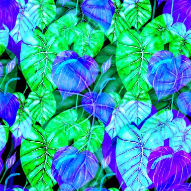 Tekstil tasarımı için suluboya tropikal yaprakları ve çiçekleri olan modern, soyut, dikişsiz desen. Geçmişe dönük parlak yaz geçmişi. Orman yaprakları çizimi. Mayo botanik tasarımı. Antika egzotik baskı.