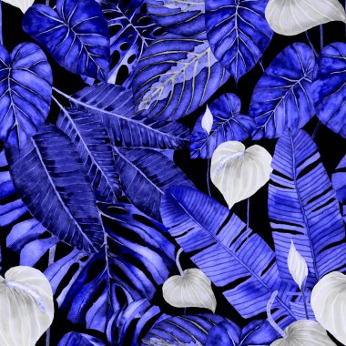 Tekstil tasarımı için suluboya tropikal yaprakları ve çiçekleri olan modern, soyut, dikişsiz desen. Geçmişe dönük parlak yaz geçmişi. Orman yaprakları çizimi. Mayo botanik tasarımı. Antika egzotik baskı.