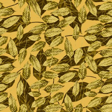 Tekstil tasarımı için suluboya tropikal yaprakları ve çiçekleri olan modern, soyut, dikişsiz desen. Geçmişe dönük parlak yaz geçmişi. Orman yaprakları çizimi. Mayo botanik tasarımı. Antika egzotik baskı.