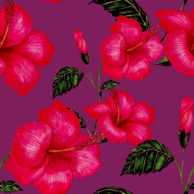 Tekstil tasarımı için suluboya tropikal yaprakları ve çiçekleri olan modern, soyut, dikişsiz desen. Geçmişe dönük parlak yaz geçmişi. Orman yaprakları çizimi. Mayo botanik tasarımı. Antika egzotik baskı.