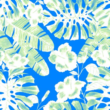 Tekstil tasarımı için suluboya tropikal yaprakları ve çiçekleri olan modern, soyut, dikişsiz desen. Geçmişe dönük parlak yaz geçmişi. Orman yaprakları çizimi. Mayo botanik tasarımı. Antika egzotik baskı.