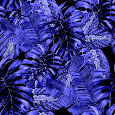 Tekstil tasarımı için suluboya tropikal yaprakları ve çiçekleri olan modern, soyut, dikişsiz desen. Geçmişe dönük parlak yaz geçmişi. Orman yaprakları çizimi. Mayo botanik tasarımı. Antika egzotik baskı.
