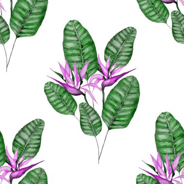 Tekstil tasarımı için suluboya tropikal yaprakları ve çiçekleri olan modern, soyut, dikişsiz desen. Geçmişe dönük parlak yaz geçmişi. Orman yaprakları çizimi. Mayo botanik tasarımı. Antika egzotik baskı.