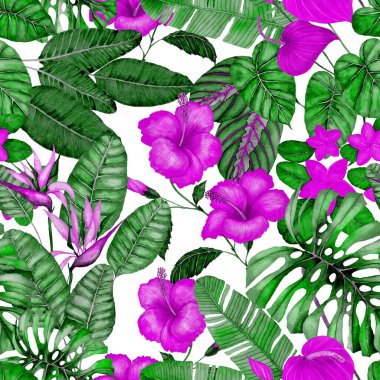 Tekstil tasarımı için suluboya tropikal yaprakları ve çiçekleri olan modern, soyut, dikişsiz desen. Geçmişe dönük parlak yaz geçmişi. Orman yaprakları çizimi. Mayo botanik tasarımı. Antika egzotik baskı.