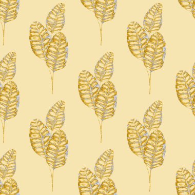 Tekstil tasarımı için suluboya tropikal yaprakları ve çiçekleri olan modern, soyut, dikişsiz desen. Geçmişe dönük parlak yaz geçmişi. Orman yaprakları çizimi. Mayo botanik tasarımı. Antika egzotik baskı.