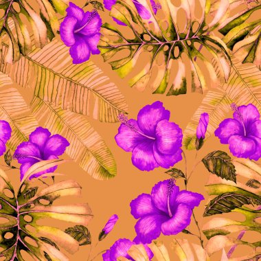 Tekstil tasarımı için suluboya tropikal yaprakları ve çiçekleri olan modern, soyut, dikişsiz desen. Geçmişe dönük parlak yaz geçmişi. Orman yaprakları çizimi. Mayo botanik tasarımı. Antika egzotik baskı.