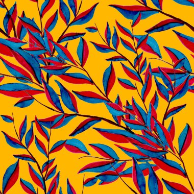 Tekstil tasarımı için suluboya tropikal yaprakları ve çiçekleri olan modern, soyut, dikişsiz desen. Geçmişe dönük parlak yaz geçmişi. Orman yaprakları çizimi. Mayo botanik tasarımı. Antika egzotik baskı.